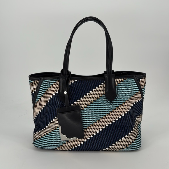 CALVIN KLEIN Jacky Raffia Straw Slouchy Tote Blue Gold Multi Bag AUTHENTIC - Picture 5 of 11